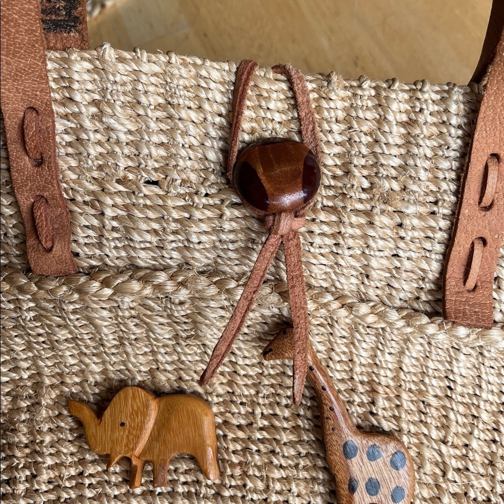 Vintage 90s Noah’s Ark Sisal Market Bag Leather Strap Animal Tote - Picture 3 of 12